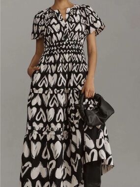 Anthropologie NWT Somerset Black & White Heart Print Maxi Dress